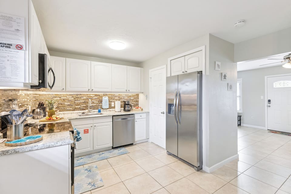 Full bathroom in the corner of the kitchen
