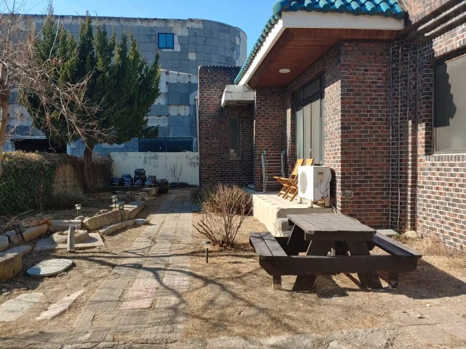 We have Korean style pottery in the garden and also a picnic table