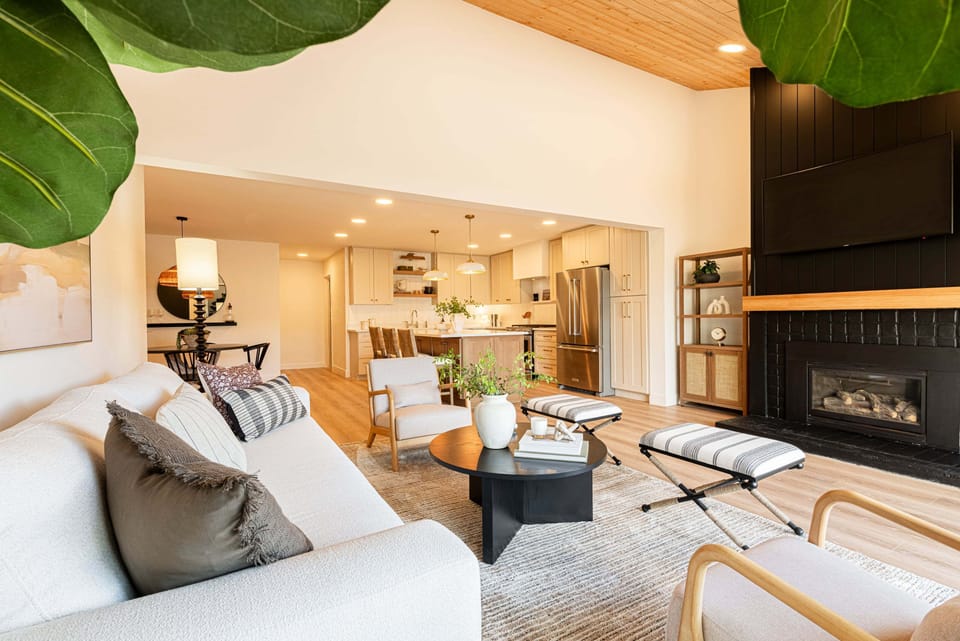 Open Living Room with New Furnishings, TV, Gas Fireplace