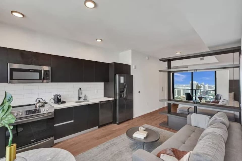 Living and kitchen open-plan from side angle