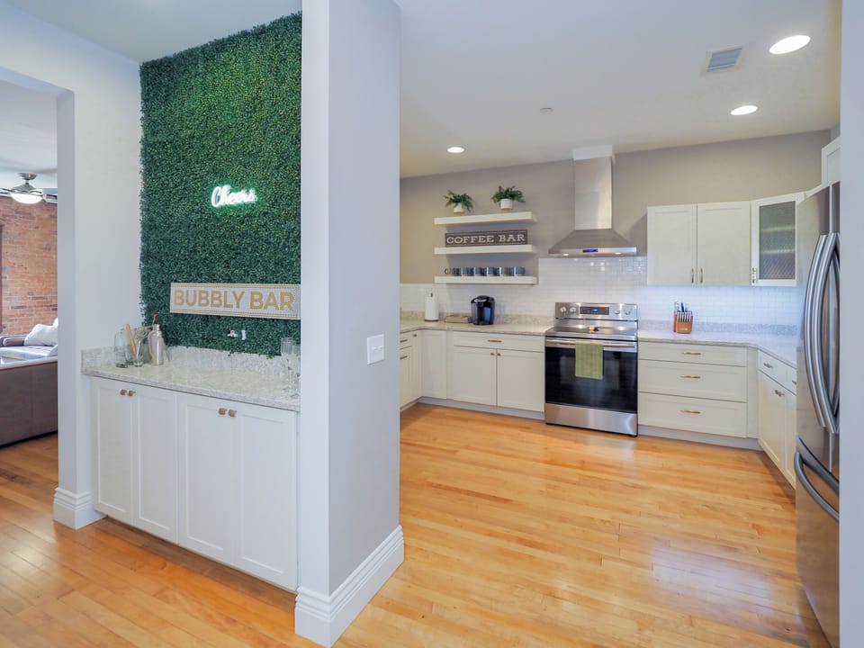 A fully stocked kitchen with everything you'll need for a home cooked meal.