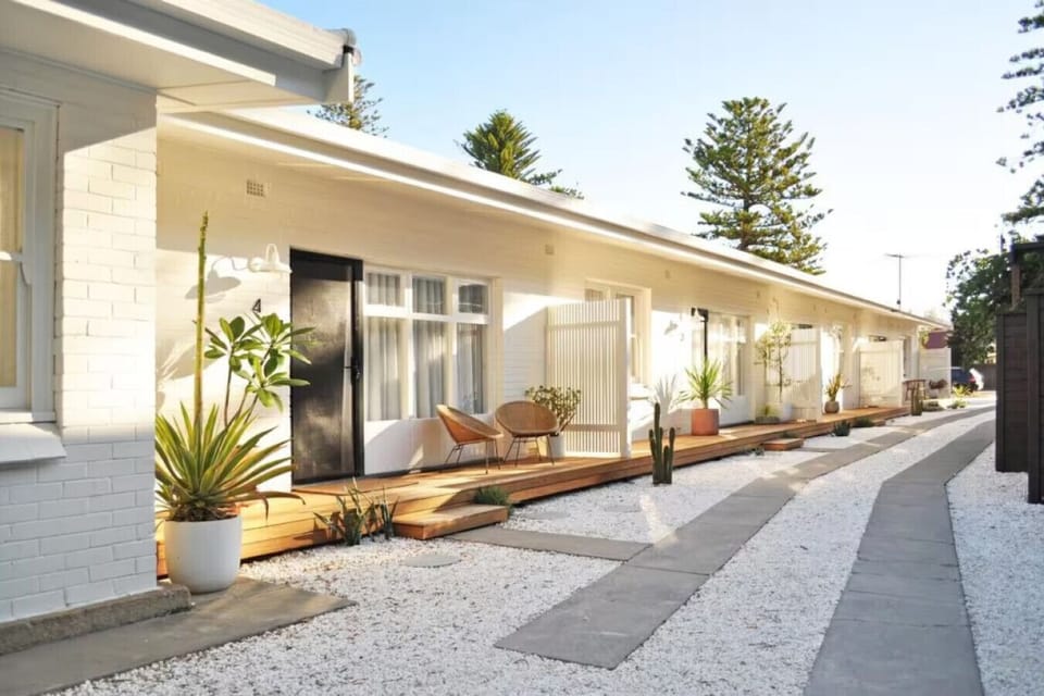 Follow the path past soft greenery and sculptural plants.