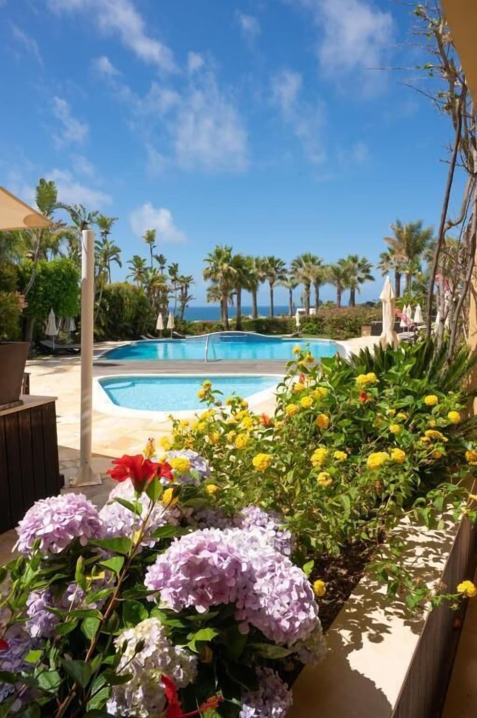 Stroll past blooming gardens to the sparkling pool and sea.
