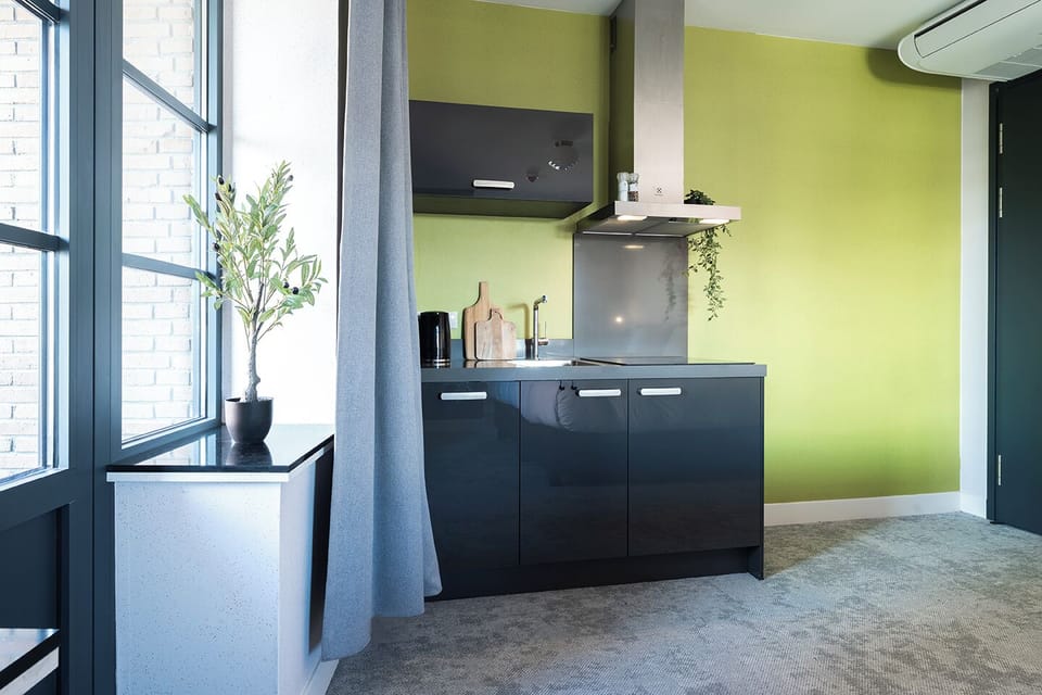 Stylish studio featuring a modern kitchenette, bright windows, and cozy vibe.