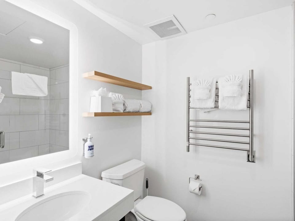Elegant bathroom with heated towel racks!