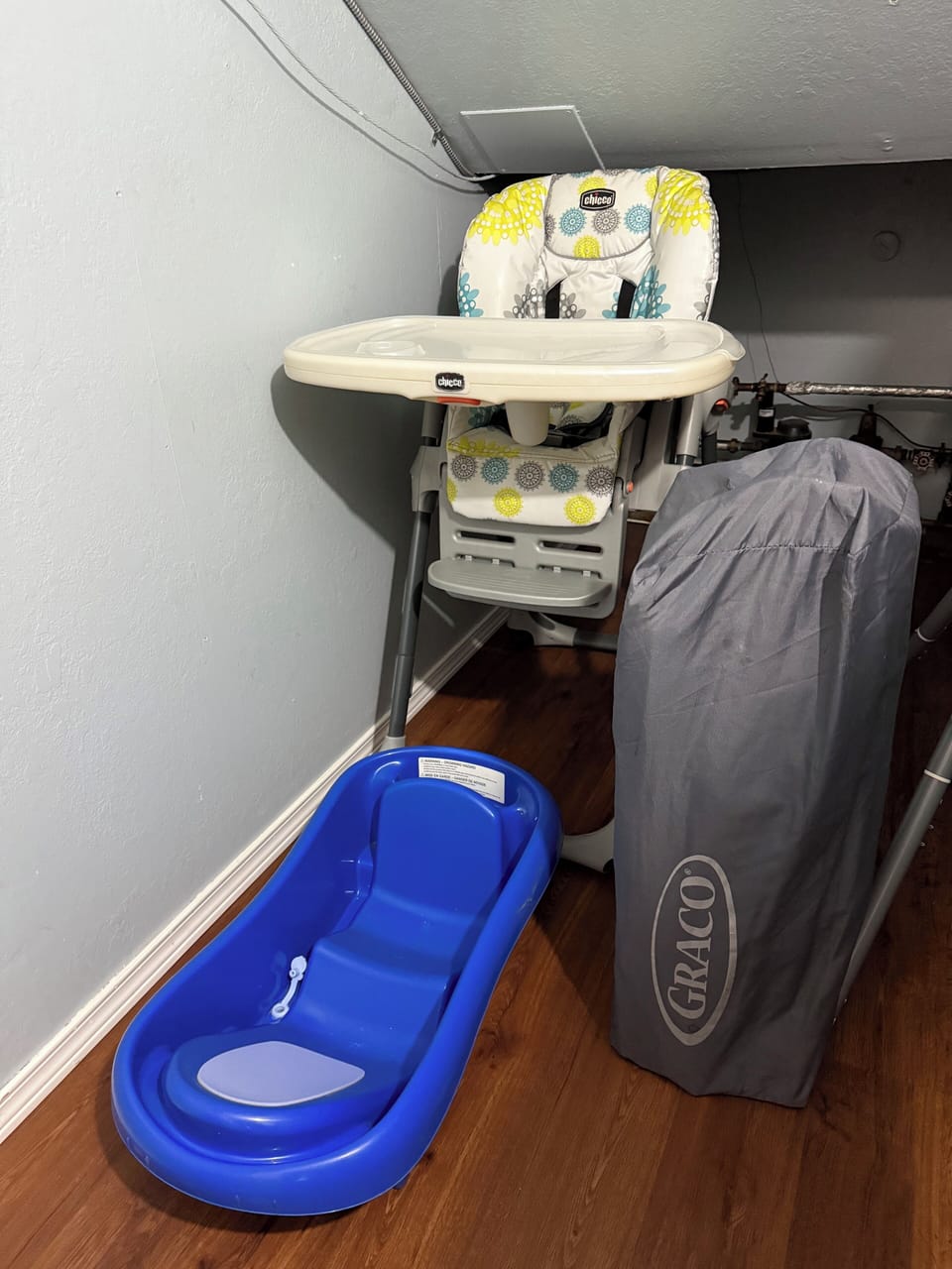 High chair, play pen, and baby bath