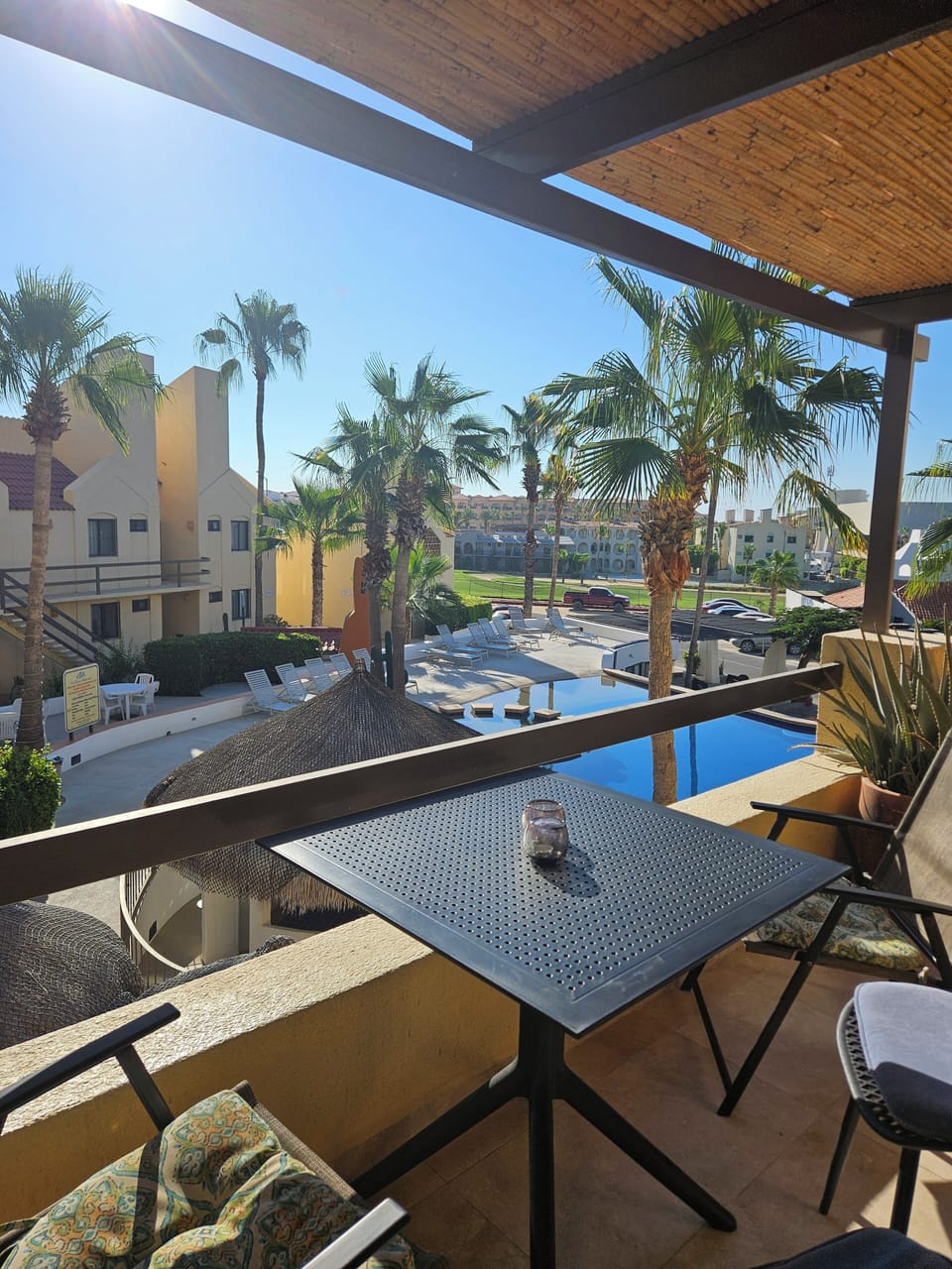 Patio overlooks the pool