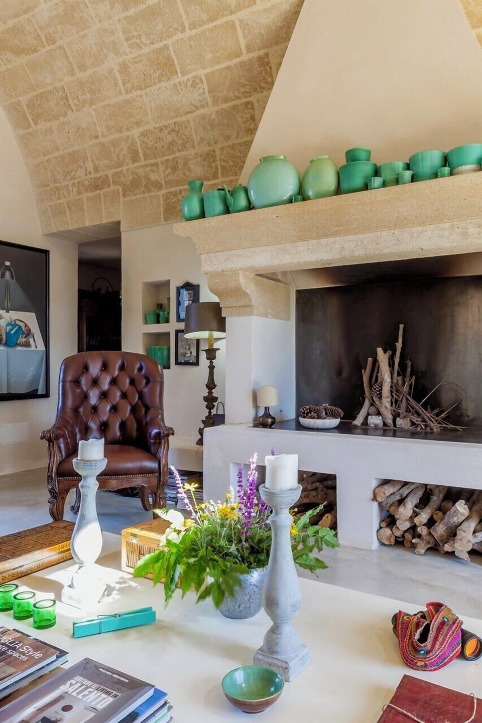The open fireplace.