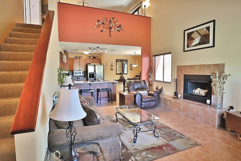 Living space showing open vaulted ceiling