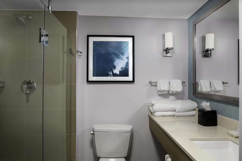 Enjoy a refreshing routine with a large vanity and plush, absorbent towels.