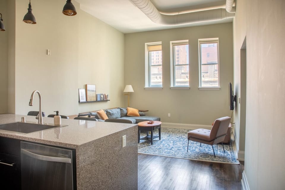 Spacious living room with dedicated workspace