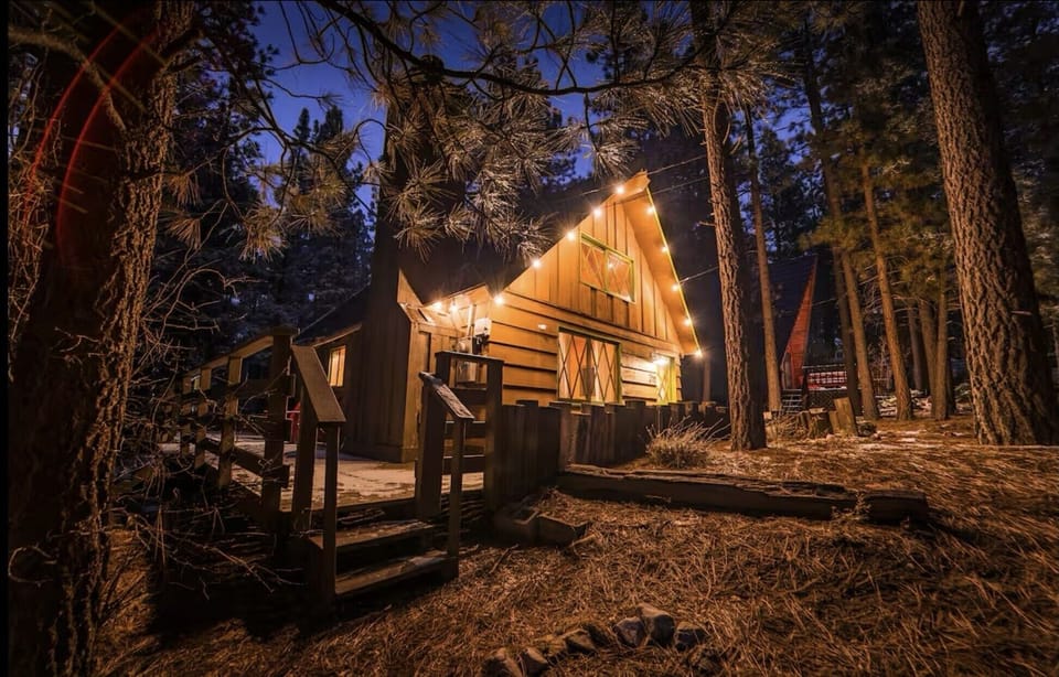 Forest entry with warm string lights and cozy cabin charm.