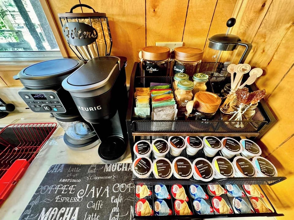 Coffee bar with premium blends and everything for your perfect cup.