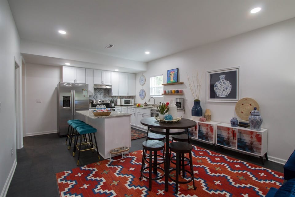 Family-friendly space with kitchen and dining area.
