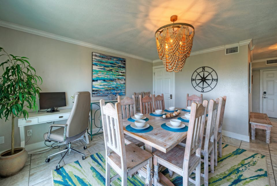 The dining table seats 8.