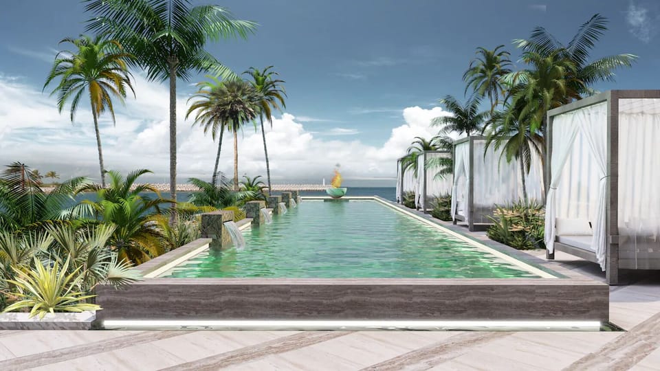 Lounge beside an infinity pool with breezy cabana shade.