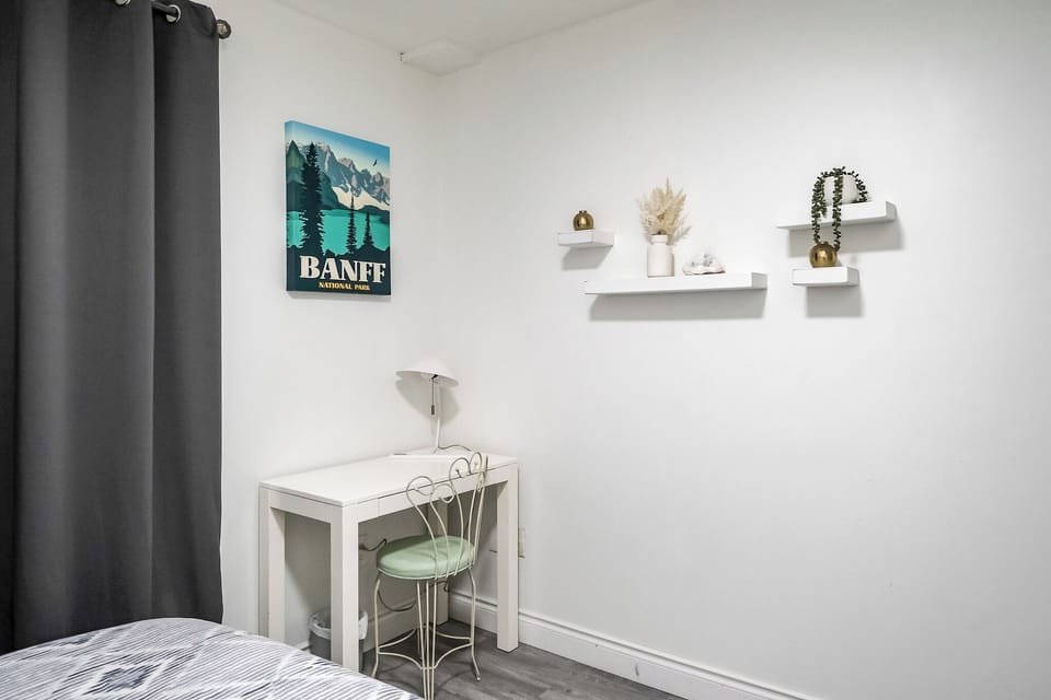 Dedicated workspace with desk and chair, ideal for remote work or catching up