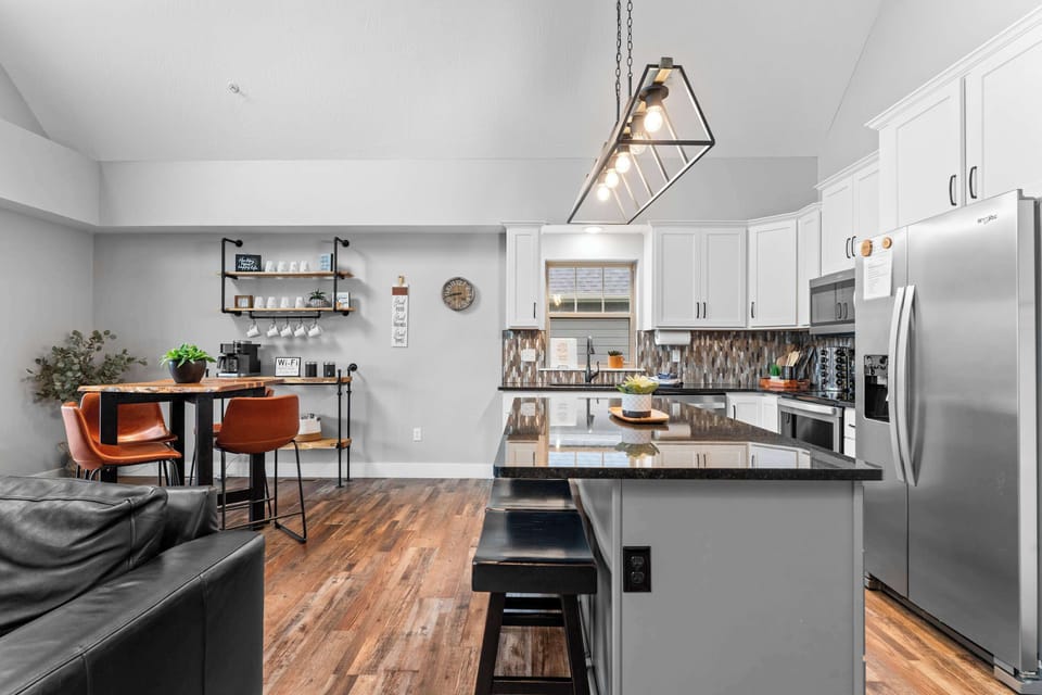 The open kitchen offers ample space & all the comforts of home​