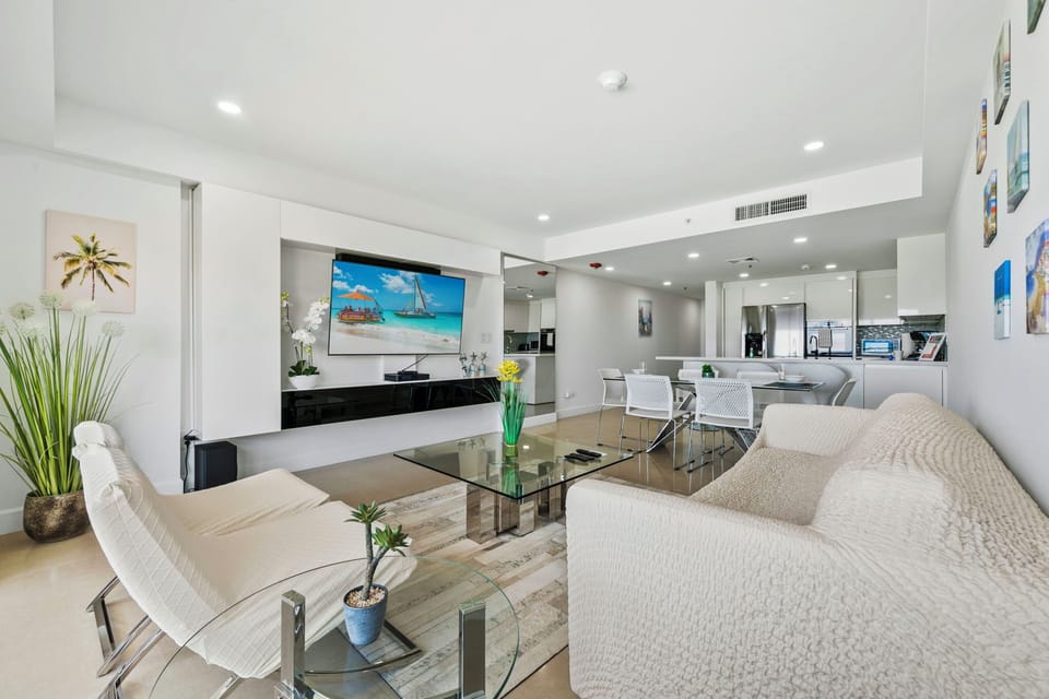 Living room with wall mounted flat screen smart TV
