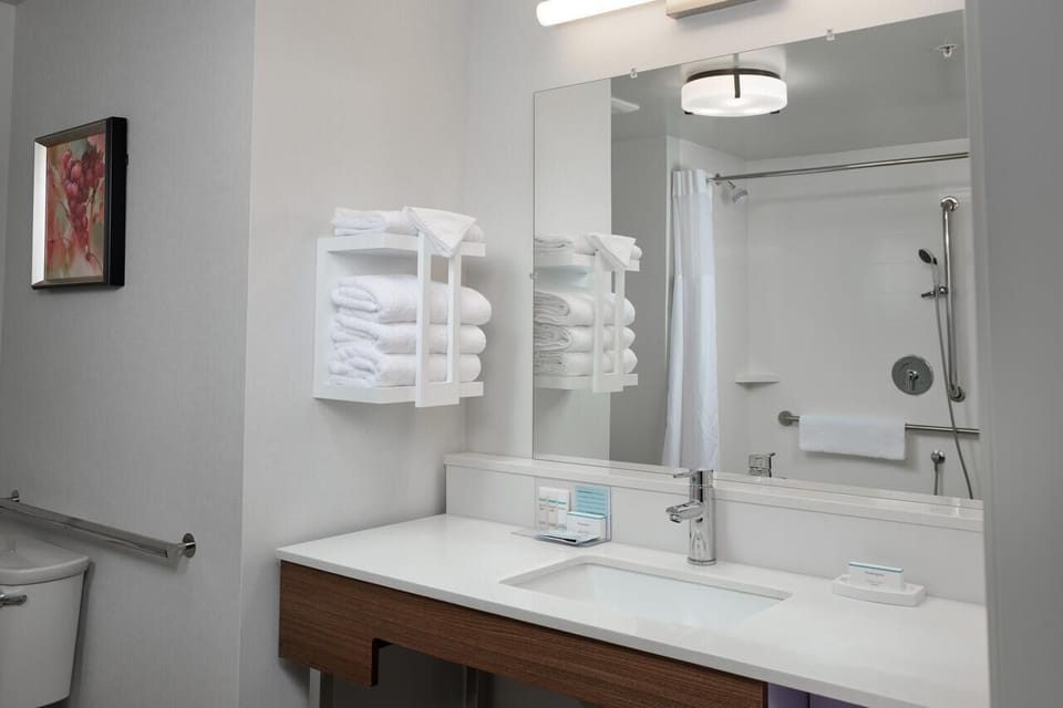 Full bathroom with a shower. Basic toiletries and towels are provided