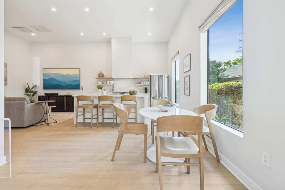 Cozy dining, living, and kitchen spaces.