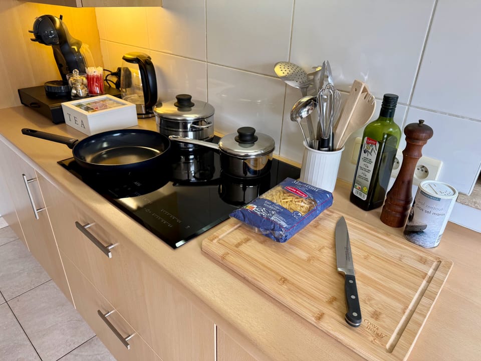 Fully equipped kitchen with cookware, utensils, oil, and spices for home meals