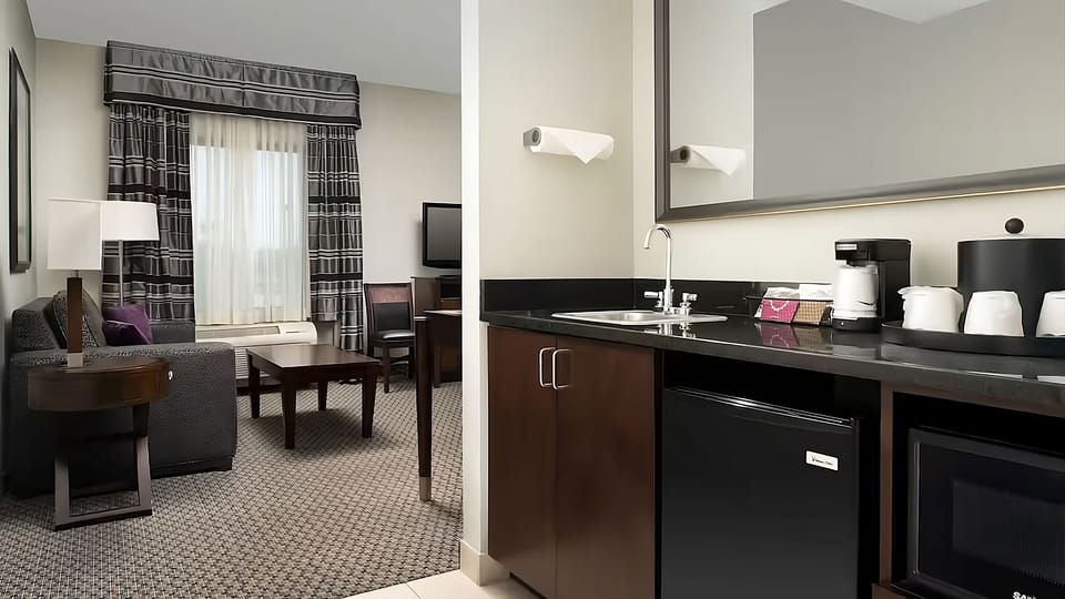 Sip morning coffee with a handy kitchenette and extra counter space.
