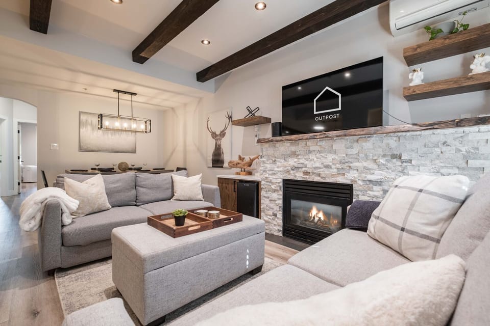 Living area: Two double sofa beds, gas fireplace