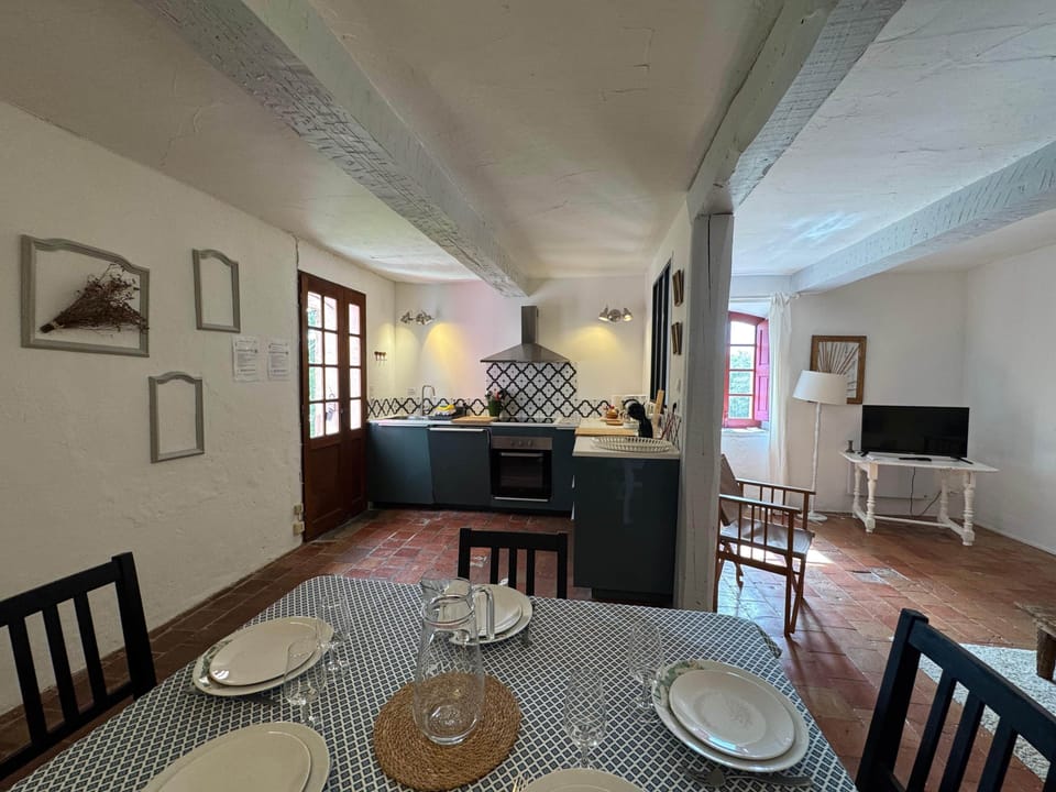 dining room, dining area, table, chairs, kitchen, living room, TV, lamp, oven