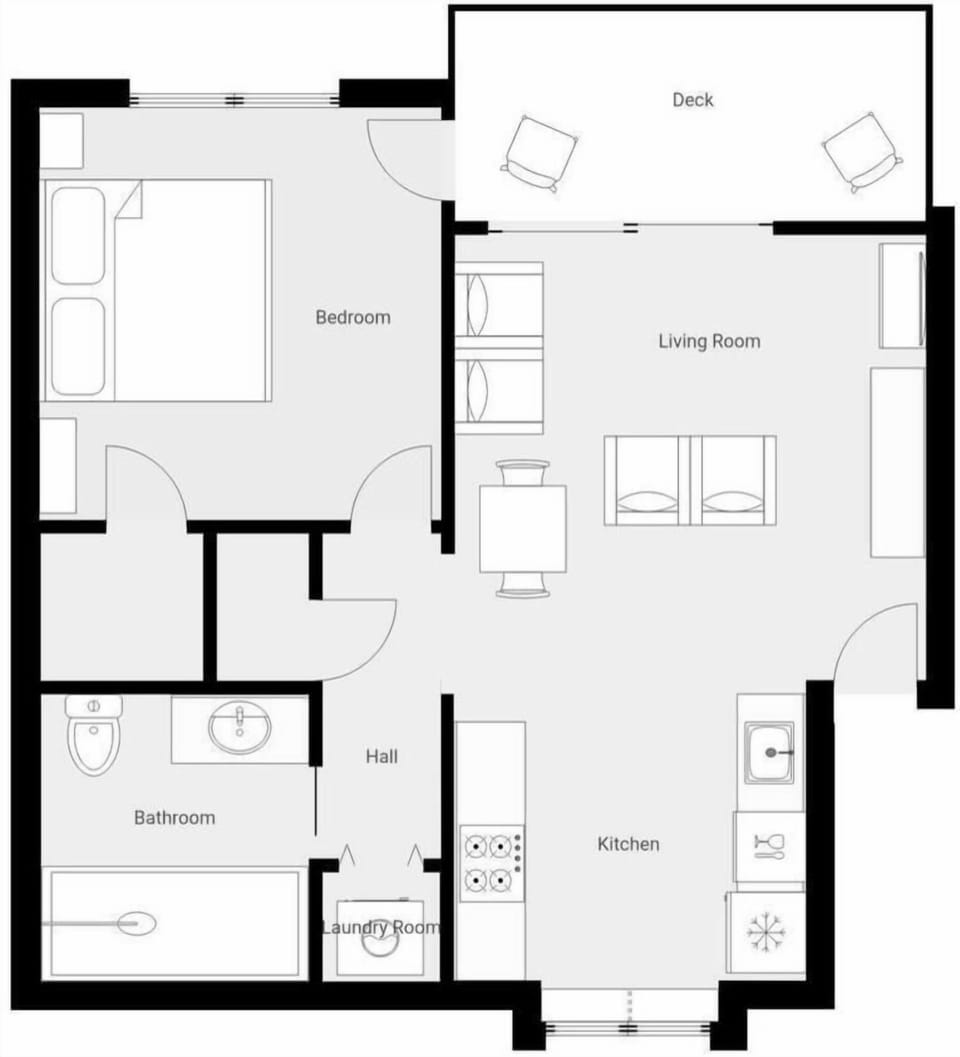 This detailed floor plan shows your spacious apartment with bedroom, living room, kitchen, bathroom, and private deck.