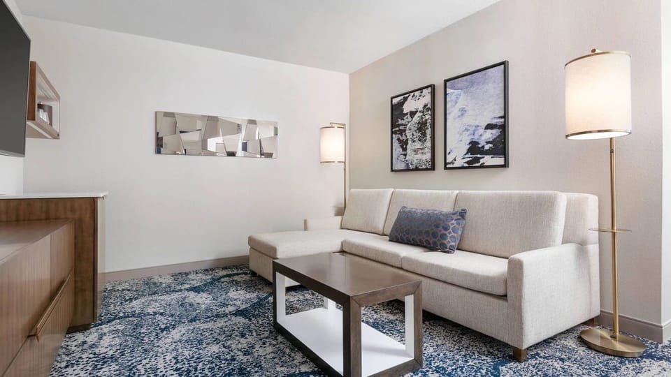 Kick back on the cozy sofa after a full beach day.