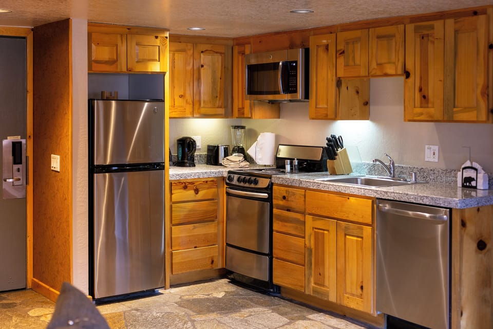 Cook easy meals in the warm kitchenette with full-size appliances.