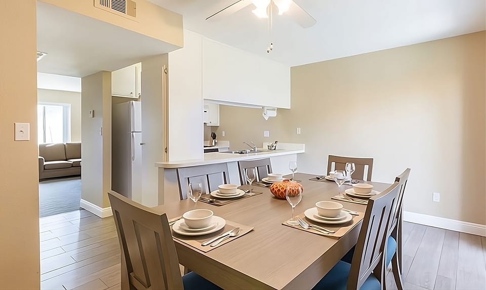 Gather for relaxed meals in a bright, open-plan dining space.