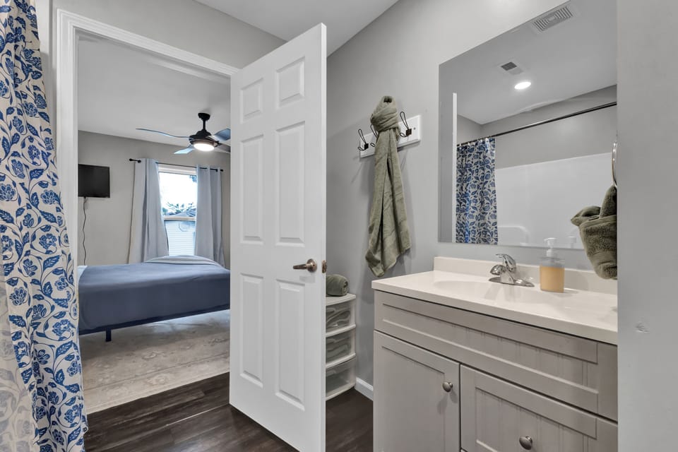 Modern bathroom stocked with essentials