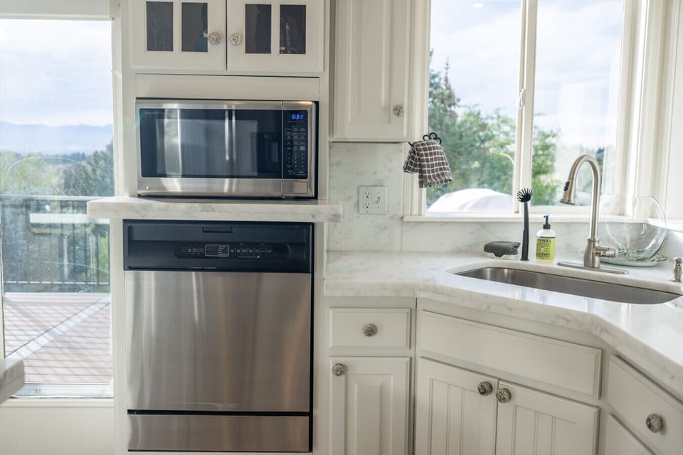 Kitchen corner with sink, dishwasher, and microwave — everything within reach.