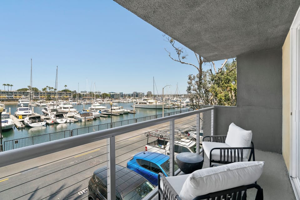 Sip your coffee with this unobstructed marina view.