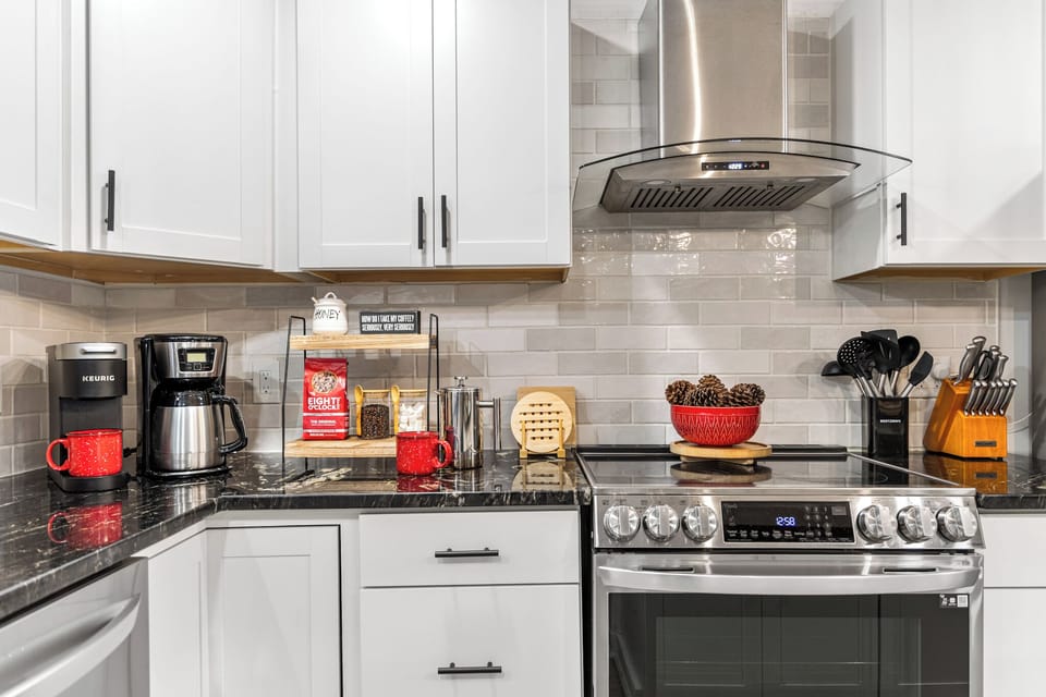 Ample counter space and reliable appliances in the kitchen.