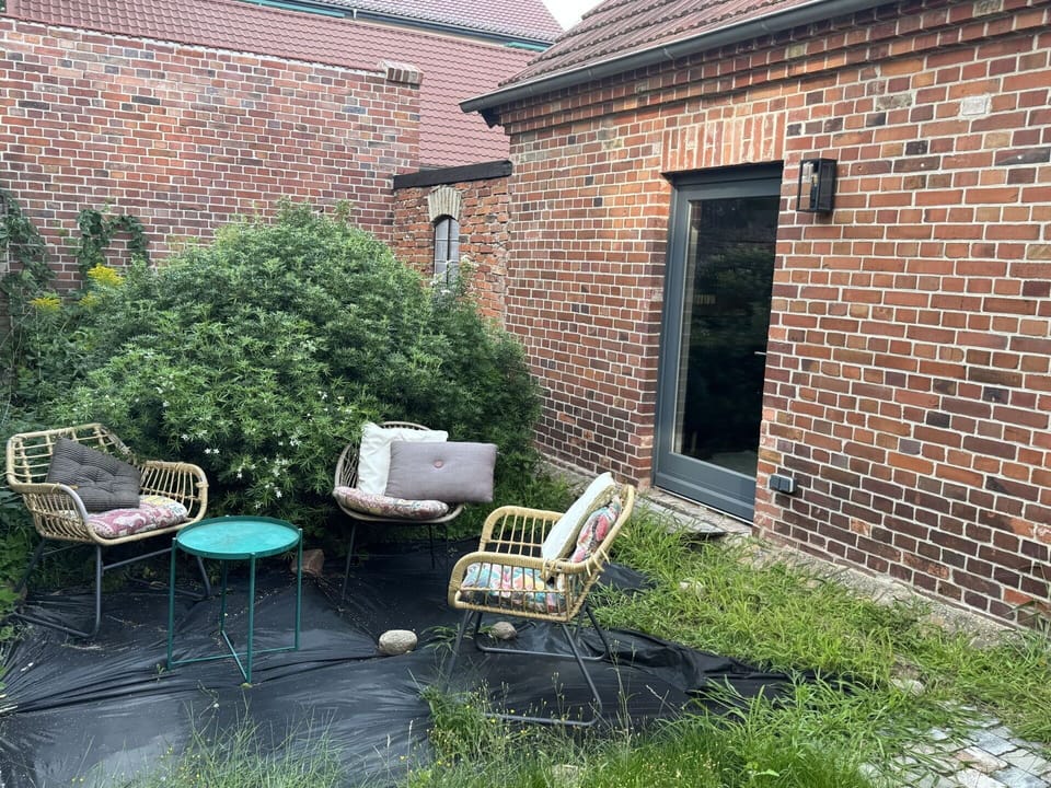 Furniture, Brick, Outdoor Furniture, Brickwork, Shrub, Chair, Garden, Outdoor Table, Backyard, Flowerpot