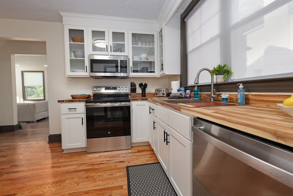 Full Kitchen, all new stainless steel appliances, butcher block counters
