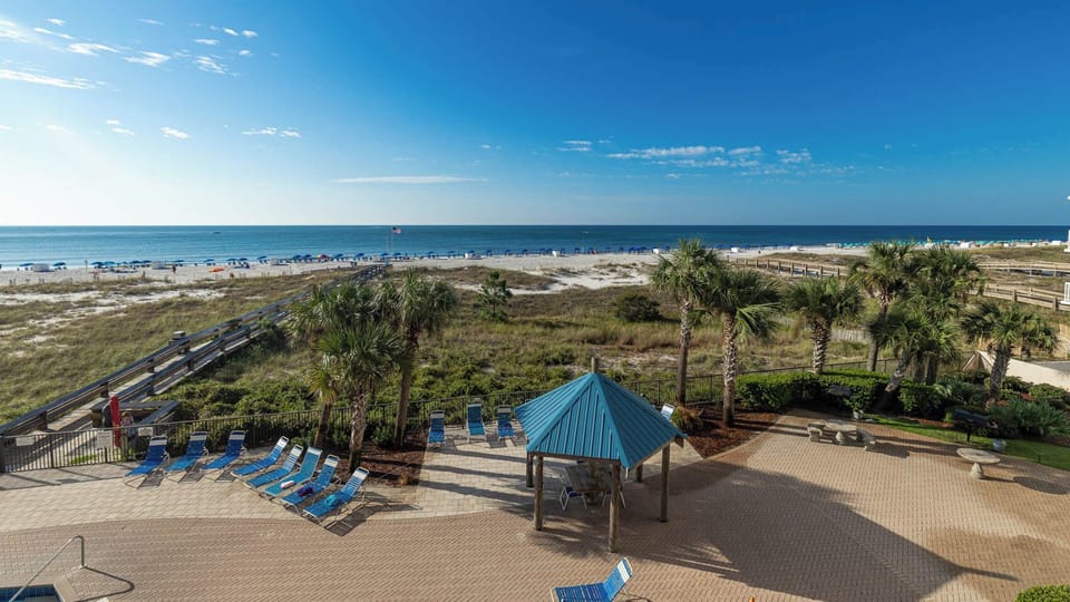 Enjoy relaxing by the pool with palm trees swaying and the beach just steps away, perfect for sunbathing and beach walks