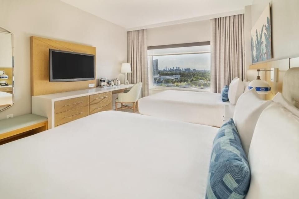 Settle in with streaming TV, desk space, and skyline views