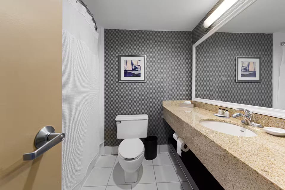 Elegant bathroom with granite vanity, modern fixtures & full shower-tub combo