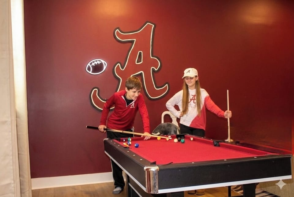 Fourth bedroom with pool table, tv, bunk beds, pullout sofa, foosball, corn hole