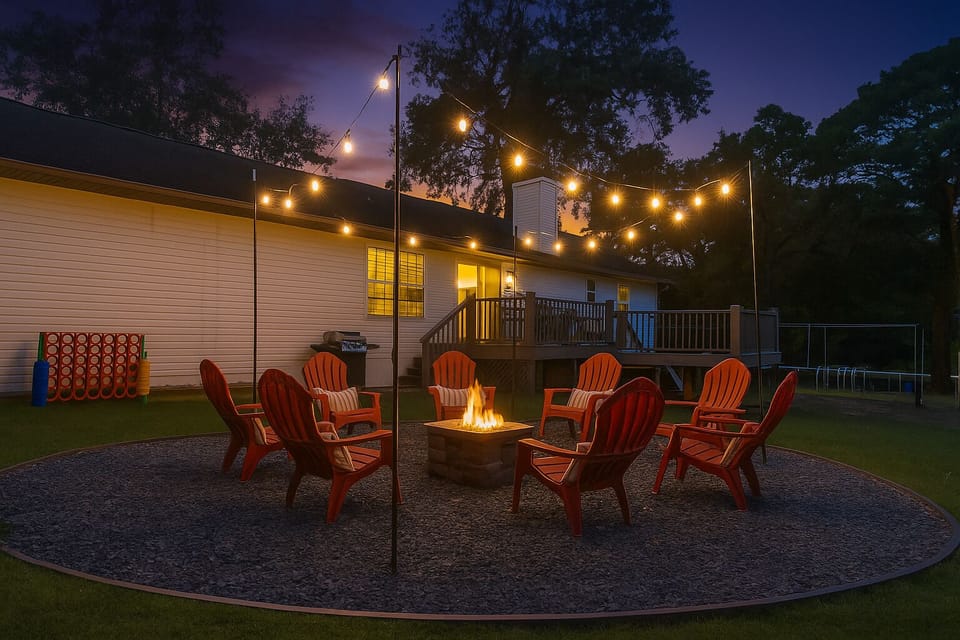 Fire pit, grill, hot tub, and seating