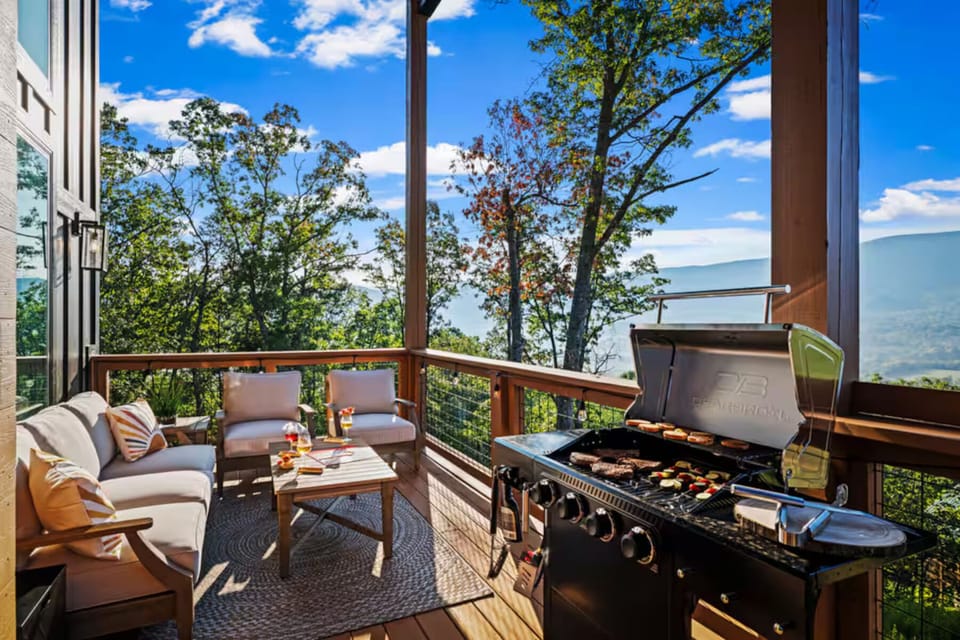 Gas grill with comfortable seating area. 