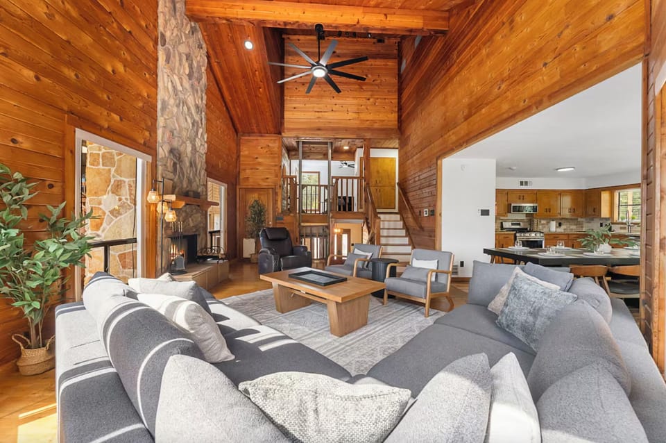 Rustic charm meets modern comfort in this inviting lounge space.