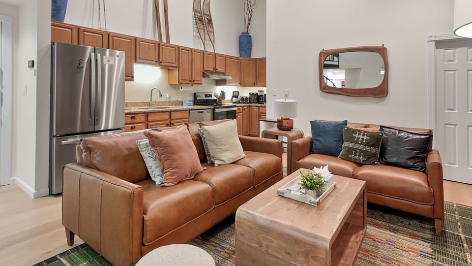 Living room open to kitchen area