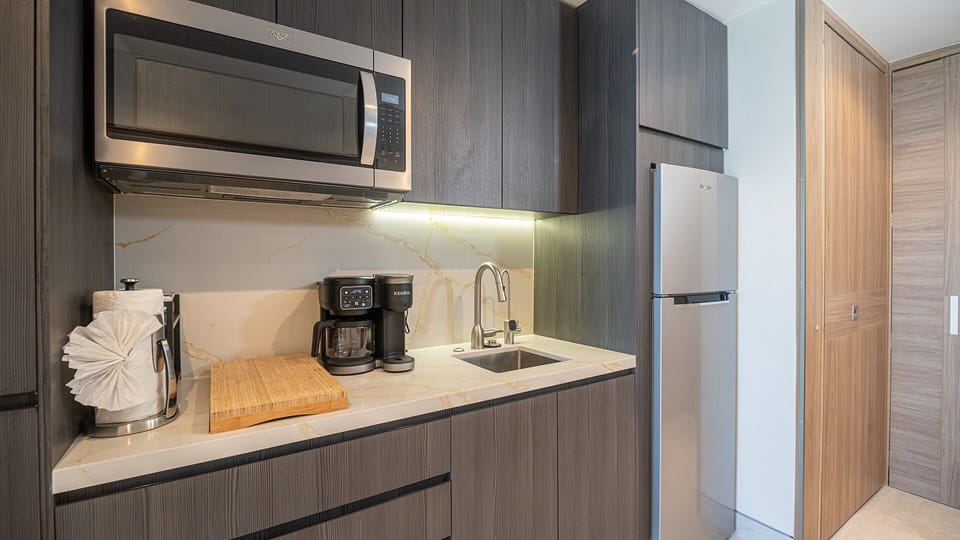 Sink, coffee maker, microwave
