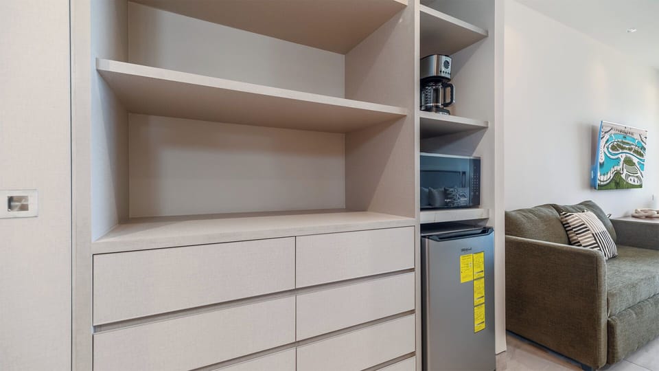 Shelves, closets, drawers, and appliances in the kitchenette