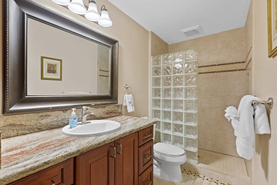 Master Bath with Walk-In Showerplenty of cabinet, counter space and privacy.